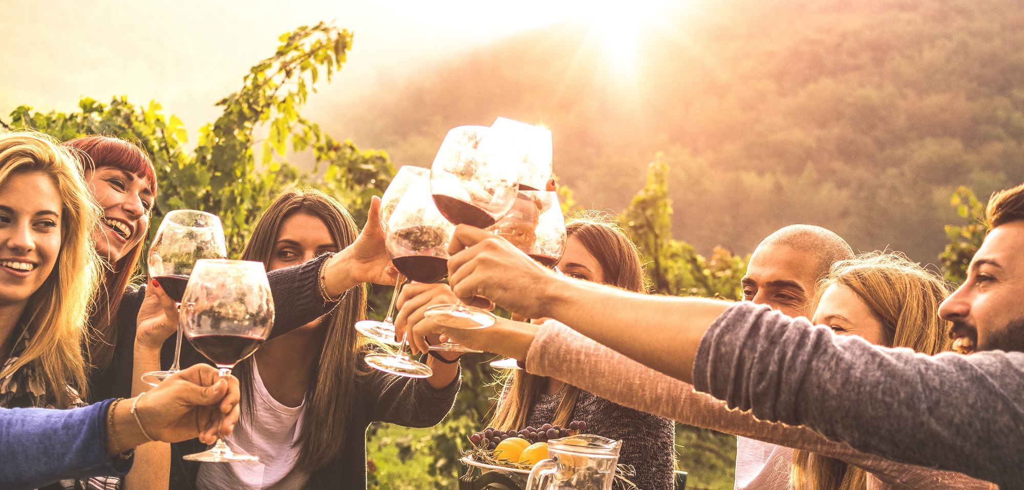 Young friends having fun outdoors, happy people enjoying harvest time together at farmhouse winery countryside, youth and friendship concept, hands toasting red wine glass at vineyard before sunset