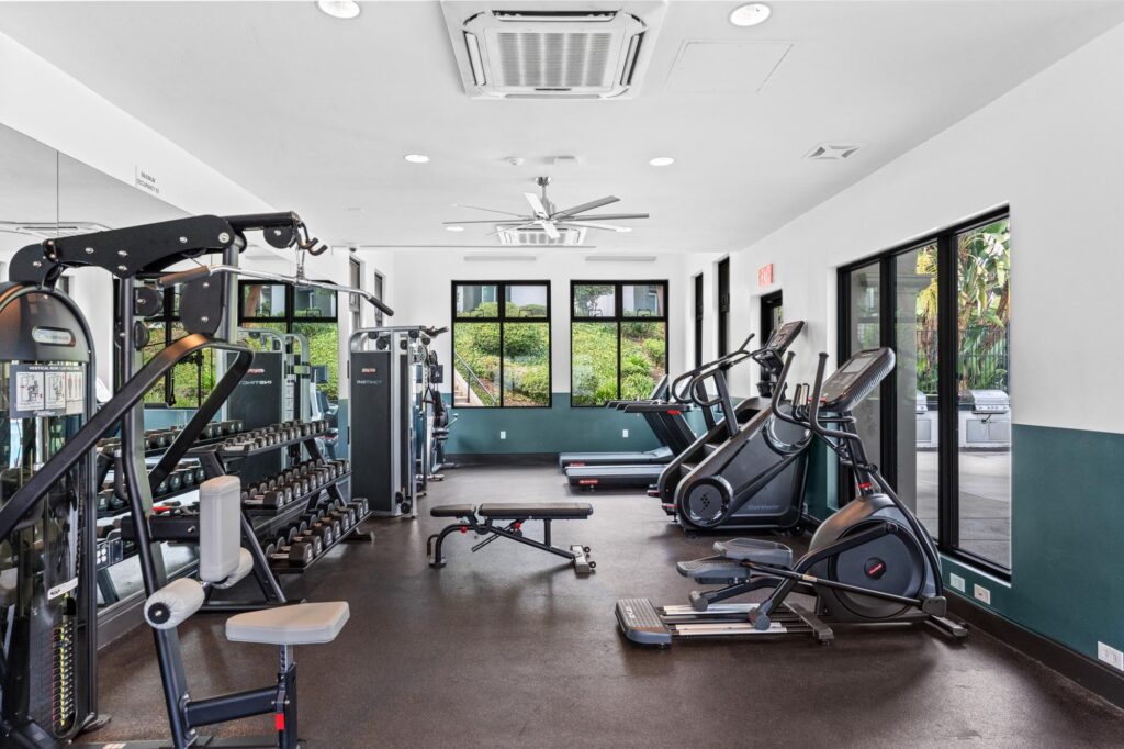Gym with exercise machines, free weights, and a mirrored wall.