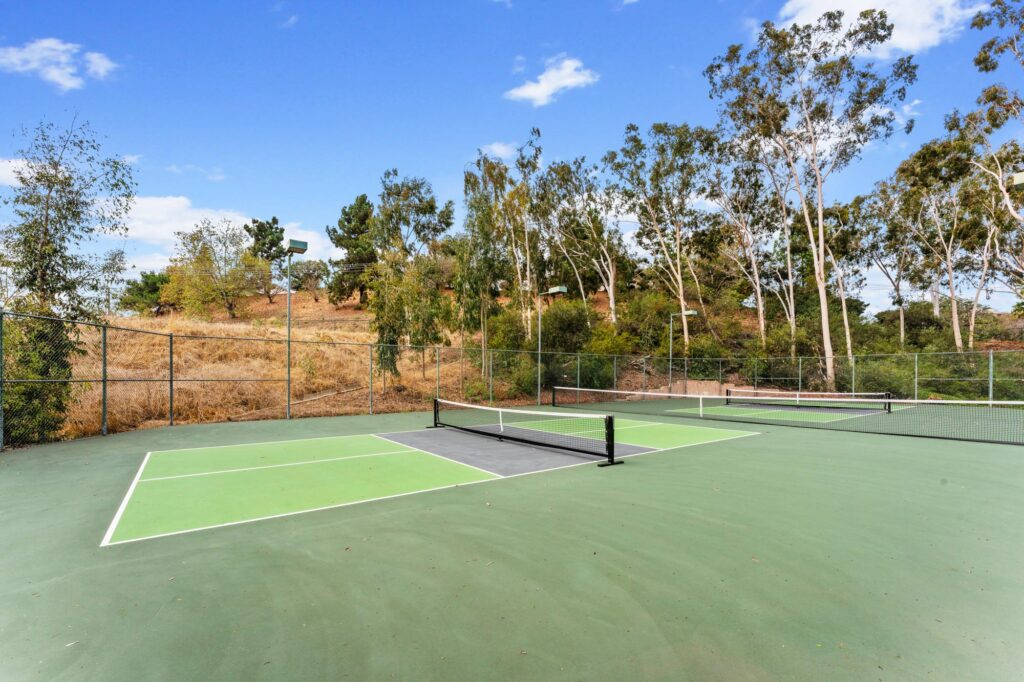 Outdoor pickleball court with green and gray surface, surrounded by a chain-link fence and tall trees.